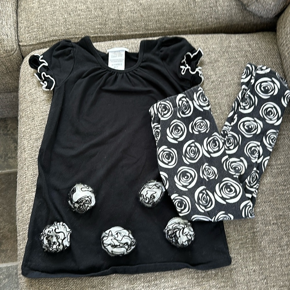 Bonnie Jean Girls Black Cream Rose Tunic Top & Leggings 2-Piece Set Size 6